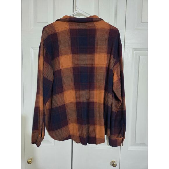 Maurices medium women's golden brown navy blue and orange button up flannel top - Picture 4 of 9